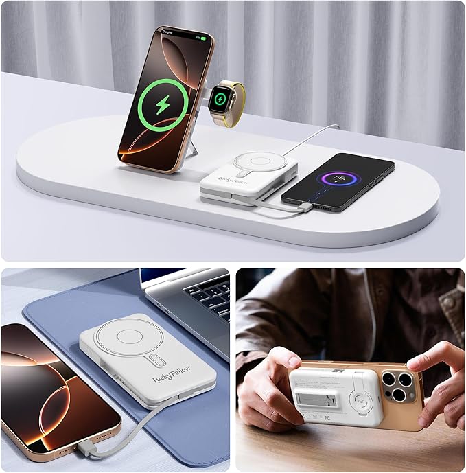 Magnetic Portable Charger Built-in Cables,10000mAh Fast Charging Wireless Charger Station External Battery Pack Slim Pocket Size Power Bank with Stand Compatible with iWatch, iPhone