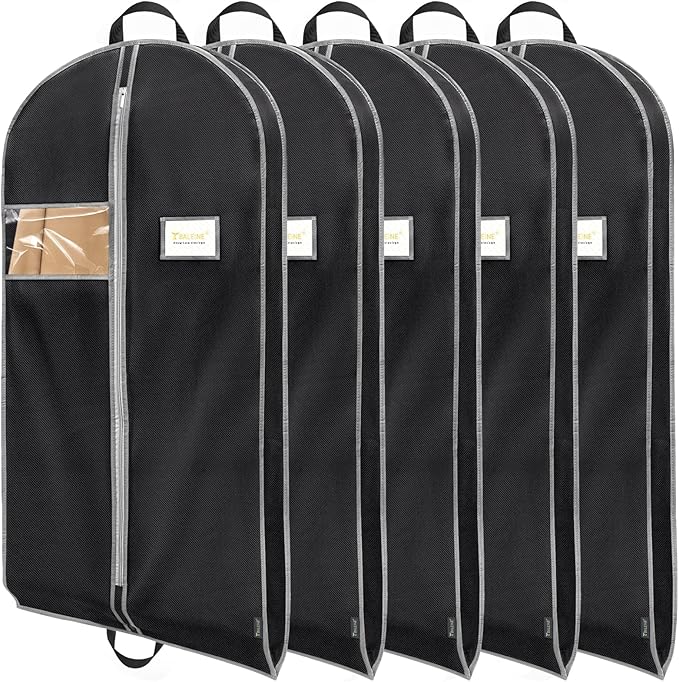 BALEINE 5PK Heavy Duty Garment Bag with Shoe Storage Travel Bag for Dresses, Suit, Coats Travel Essential (43", Black)