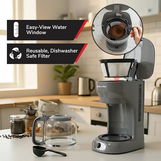 MUELLER HOME 12-Cup Drip Coffee Maker Perfect for Home or Office, Borosilicate Carafe, Auto-Off, Reusable Filter, Anti-Drip, Keep-Warm Function, Clear Water Level Window, Gray