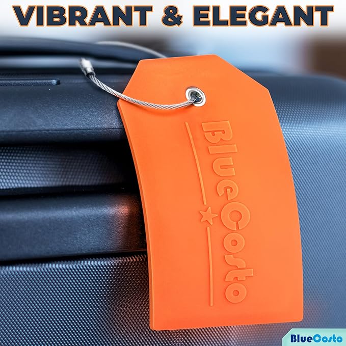 BlueCosto - Luggage Tags - Large, Orange, 5 PK - PVC Suitcase Tags w/Privacy Cover & Stainless Steel Wire Loops - Personalized Baggage Identifiers for Travel - Backpack Name Labels