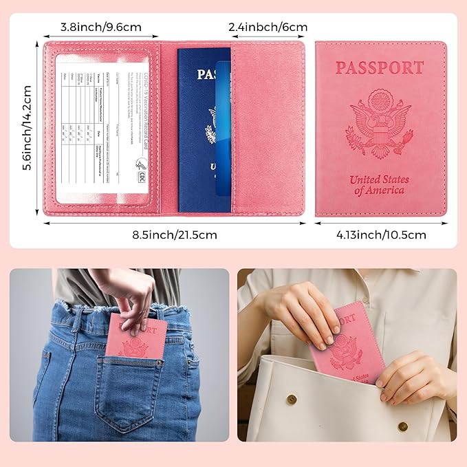Passport Holder for Travel Men Women - Passport Cover, Passport Wallet Case Travel Essentials Travel Must Haves Accessories Blocking Leather Card Slot Protector for Stocking Stuffers Gifts, Pink
