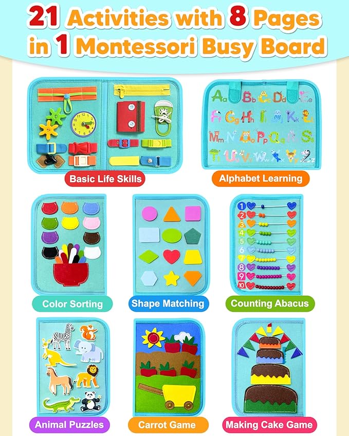 Exorany Busy Board Montessori Toys for Toddler Boy Girl Birthday Gifts, Busy Book Sensory Learning Toys for Toddlers, Toddler Airplane Car Travel Toy Educational Activities