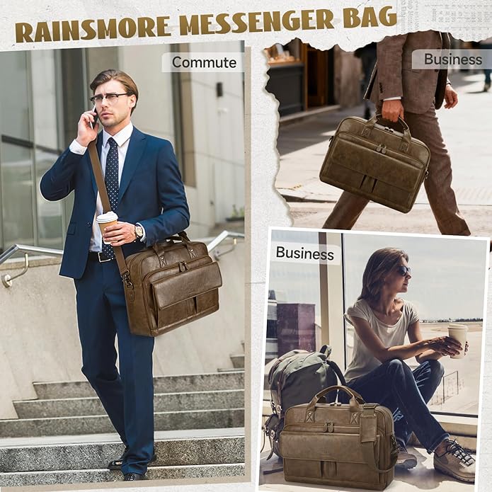 RAINSMORE Mens Laptop Bag PU Leather Messenger Bag 15.6 Inch Briefcase Vintage Computer Satchel Bag for Work Business