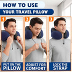 Neck Pillow for Plane Travel – 4-in-1 Kit | Adjustable Blue 100% Memory Foam Neck Support Pillow, 3D Eye Mask, Earplugs, & Cozy, Washable Cotton Cover with Secure Buttons – Sleep Comfort for Travel