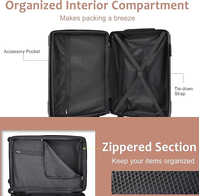 3 Piece Luggage Set, Hardside Suitcase with Spinner Wheels, TSA Lock & Expandable Hard Shell, Carry on and Checked Luggage for Travel, Maletas de Viaje for Men & Women(Black Brown 3 Sets, 20/24/28")