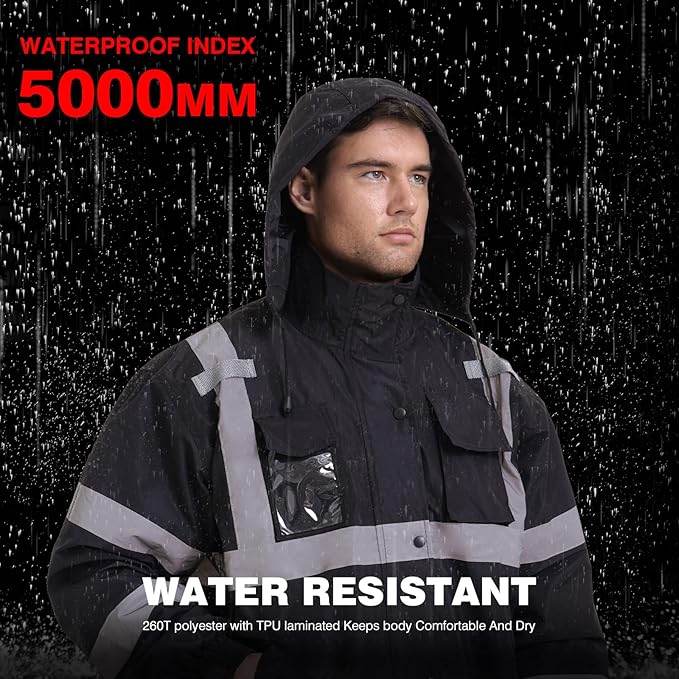 SKSAFETY Hi Vis Safety Rain Jacket for Men, Construction Work Rain Gear Heavy Duty Class 3 Rain Coat Waterproof Lightweight