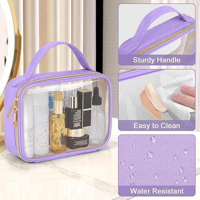 Wedama TSA Approved Toiletry Bag, 3 Pack Clear Makeup Bags with Handles, Quart Size PVC Clear Cosmetic Bags for Women and Men, Carry on Airport Airline Compliant Bag, Purple
