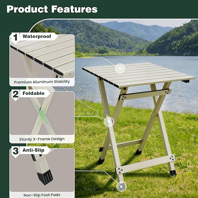 SUNNYFEEL Folding Camping Table - Lightweight Aluminum Portable Picnic Table, 18.5L x 18.5W x 24.5H Inch for Cooking, Beach, Hiking, Travel, Fishing, BBQ, Indoor Outdoor Small Foldable Camp Tables