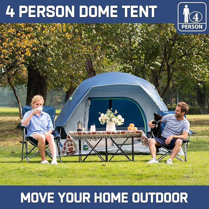 Happy Travel Camping Tent, 4 Person Dome Tents for Camping with Rainfly, Waterproof Clip Easy Setup Portable Family Tent with Mesh Windows, 20% More Headroom Backpacking Tents for Camping & Hiking
