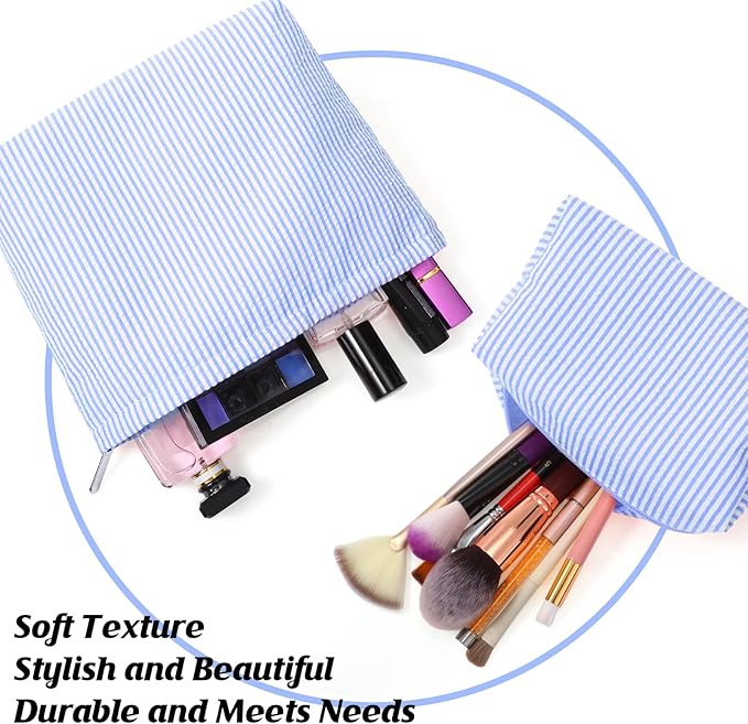 Huhumy 2 Pcs Makeup Bag Set Cute Cosmetic Pouch for Women Seersucker Travel Toiletry Bag Preppy Small Makeup Purse Pouch Aesthetic Skincare Brushes Storage Organizer for Valentine Women(Blue)