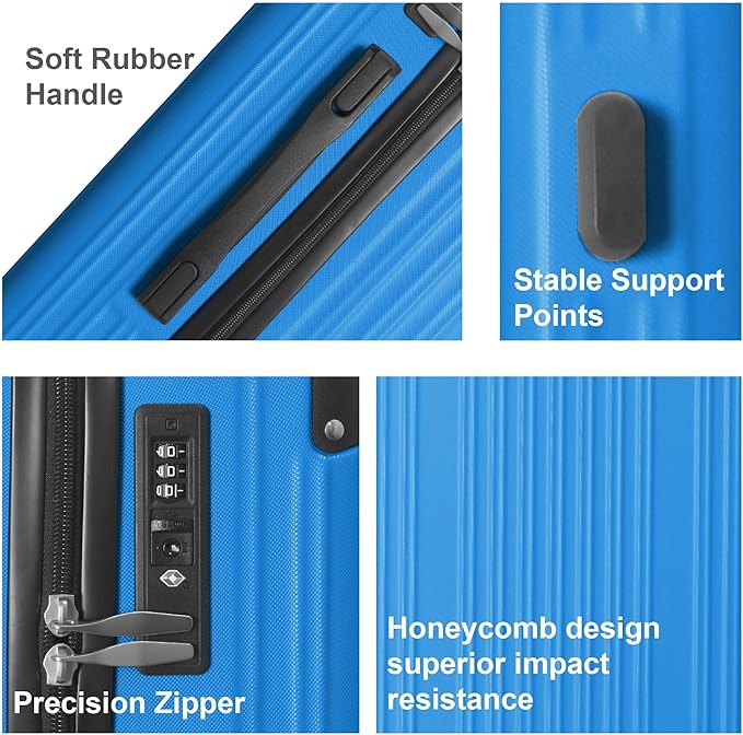 3-Piece Luggage Set 3 (20"/24"/28"), Hardside Suitcases with 8 Spinner Wheels, Scratch-Resistant ABS Shell, set2, set3 Travel Suitcase, TSA Lock (Ribbed Surface, Blue)