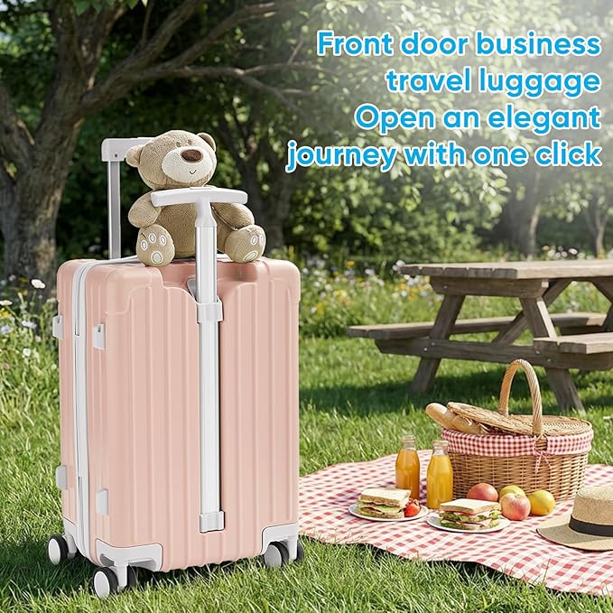 TABU 20" Carry on Luggage with Seat for Kids & Adults，Front-Opening Hardshell Carry On Suitcase with Double Handles & TSA Lock, Pink