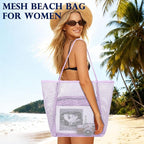 Fammart Mesh Beach Bag, Large Beach Tote with Zipper Pocket, Toys Pool Bag for Family Travel Vacation Cruise Essentials