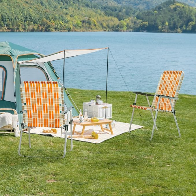 Folding Patio Lawn Webbed Chair Set of 2, Portable Outdoor Beach Chair for Adults, Camping Chair Steel Frame 300lbs Capacity for Yard, Garden Dining, Party, Picnic, 20.7" Seat Width