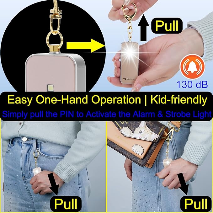 Ultrathin Personal Alarm Rainproof Ultra-Lightweight (0.8 oz) Bulky-Free Keychain Siren for Women, Students Safety. SOS Emergency 130db Hiking Alert Strobe Light. Replaceable Battery. Gold