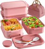 KEMETHY Adults Bento Lunch Box Set with Thermo Bag, 74oz Stackable Leak-proof 3-tiers Bento Box, Built-in Utensil and Sauce Container for Work, School, Dining Out (Pink)