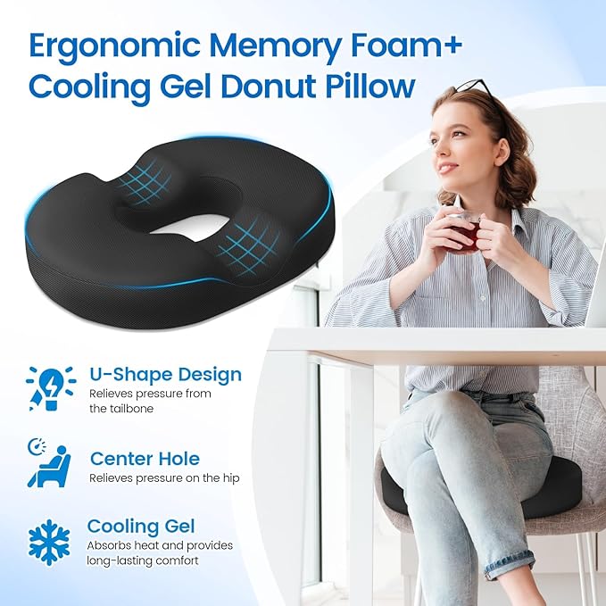 Donut Pillow Seat Cushion - Cooling Gel Donut Chair Cushions, Memory Foam Seat Cushion for Office & Home, Car Seat Cushion and Butt Pillow, Hemorrhoids Pillow and Tailbone Pain Relief, Black