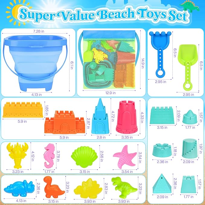Collapsible Beach Toys for Kids Toddlers, Collapsible Sand Bucket and Shovels Set with Mesh Bag,Travel Sand Castle Building Kit, Sandbox Toys, Foldable Beach Essentials for Toddlers Kids Age 3-10 ﻿