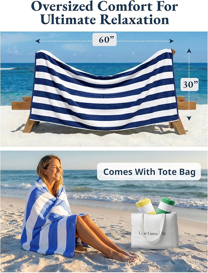 LANE LINEN Beach Towels 4 Pack - 520 GSM 100% Cotton Pool Towel for Adults – 30"x60" Beach Towels Oversized, Thick & Highly Absorbent - Super Soft & Quick Dry Cabana Stripe Large Towel Set - Suncrest