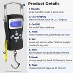 AWS Digital Luggage Scale, Fish Weighing Scale, Hanging Scale 110lb/50kg – Die-Cast Metal Construction, Built-in Tape Measure, Hook & Handle – for Travel, Fishing, Archery, Hunting, Outdoor (Black)
