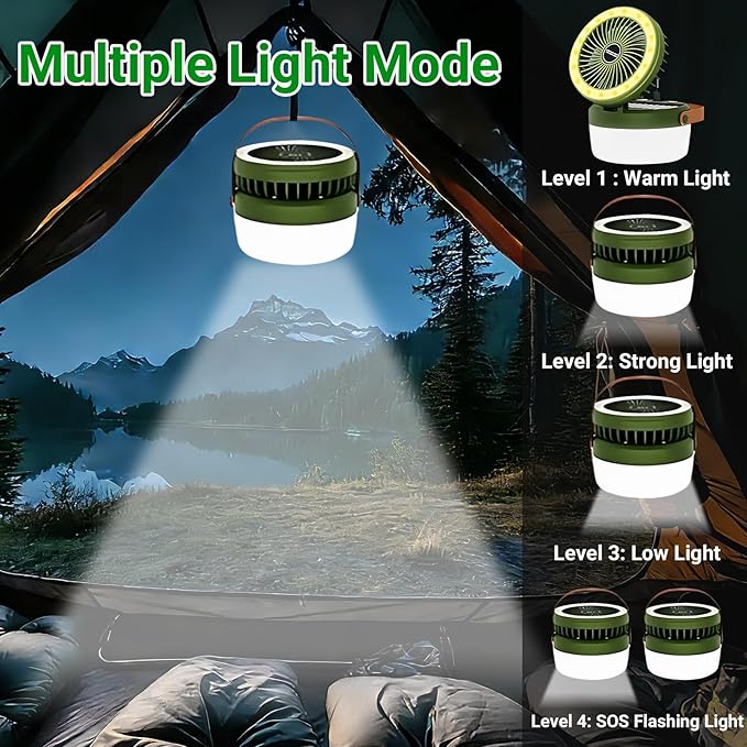 3-in-1 Camping Fan, Portable Solar Fan Rechargeable with LED Lantern, Battery Powered & Solar Camping Fan Light with Hanging Hook for Tent, 3 Speeds USB Fans for Camping Essentials, RV Travel, Outdoor