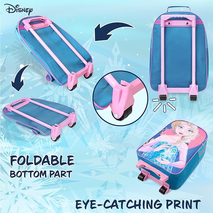 Disney Kids Rolling Luggage 16.0×11.6 in, 16‑L Carry‑On Suitcase with Wheels, Foldable Lightweight Travel Bag, Gifts for Kids (Blue Elsa)