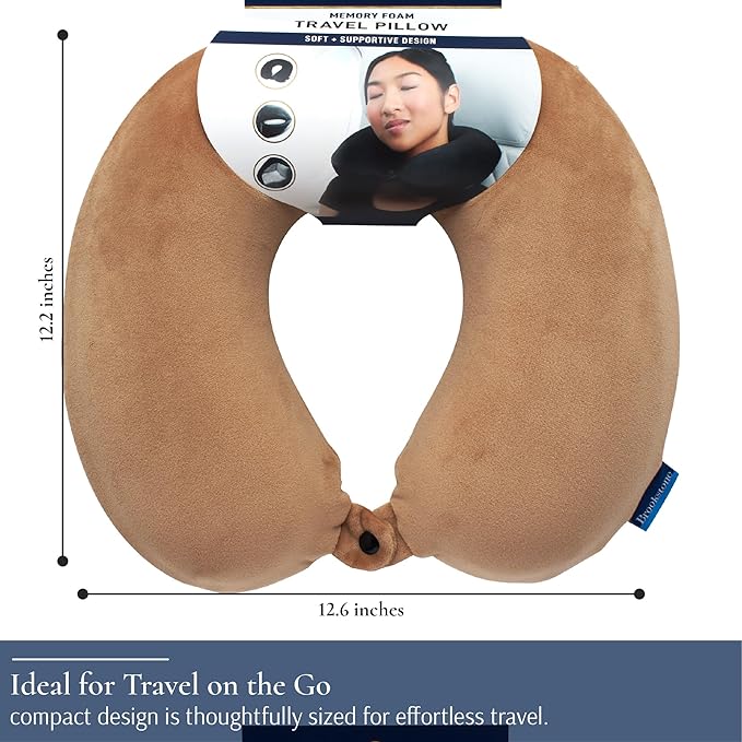 Brookstone Travel Neck Pillow - Lightweight U-Shaped Memory Foam Travel Pillow for Airplane, Car Travels & Sleeping, Khaki