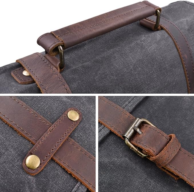 Mens Messenger Bag 15.6 Inch Waterproof Vintage Genuine Leather Waxed Canvas Briefcase Large Satchel Shoulder Bag Rugged Leather Computer Laptop Bag, Grey