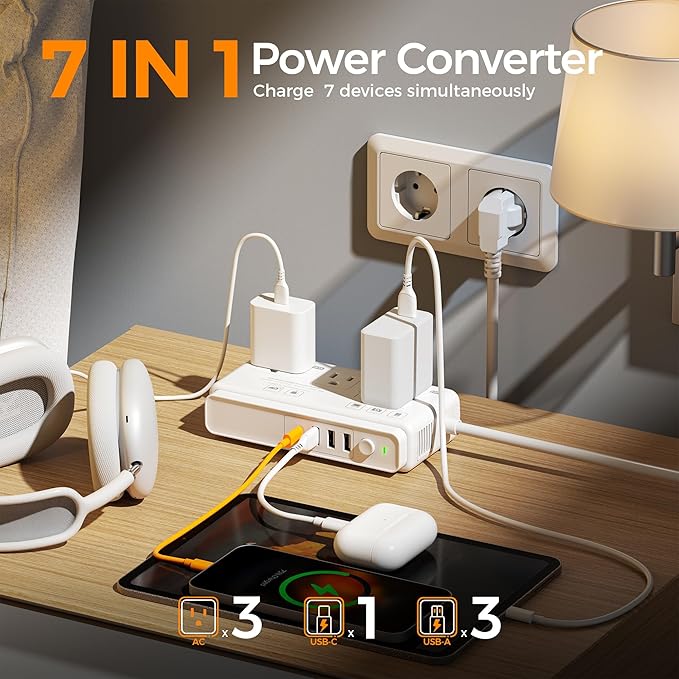TESSAN Voltage Converter US to Europe, 220 to 110 Voltage Converter, Universal Travel Adapter with 4 USB Ports (1 USB C), 3 AC and EU UK AU IT in ZA Plug Power Adapter, Step Down Transformer, 4 FT