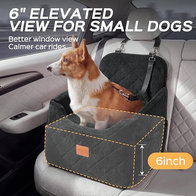 HiPetpy Dog Car Seat 6" Elevated Memory Foam Booster Seat for Small Medium Dogs Under 35 lbs with Pet Blanket, Washable Pet Car Seat with Safety Leash, Anti-Slip Base and Storage Pockets