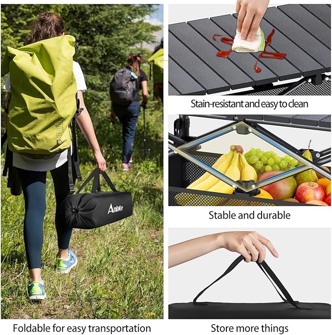 Anbte 3ft Aluminum Roll Top Camping Table, 2 Adjustable Height Camping Table Folding with Storage Net & Bag Lightweight Roll Up Table for Tailgate Outdoor Backyard BBQ Patio Picnic, 32.2” X 16”, Black