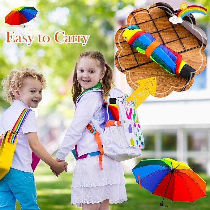 12 Pc Rainbow Umbrella Portable Tri Folded Pride Umbrella Windproof Compact Rain Parasol for Travel Beach Wedding Party