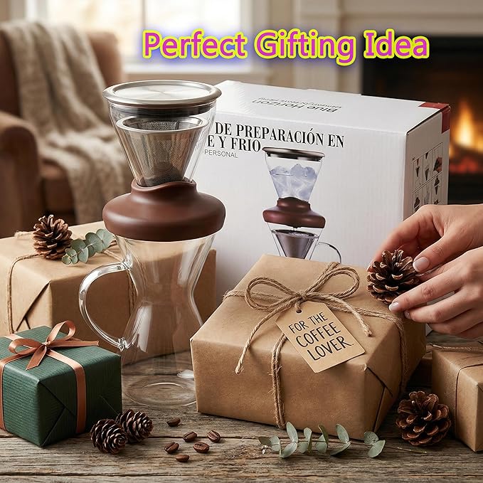 Blue Horizon Hot & Iced Coffee Maker 14oz – Pour Over Coffee Dripper with Temperature Resistant Glass Carafe & Stainless Steel Reusable Filter, Single Serve Cold Coffee & Hot Tea Brewer