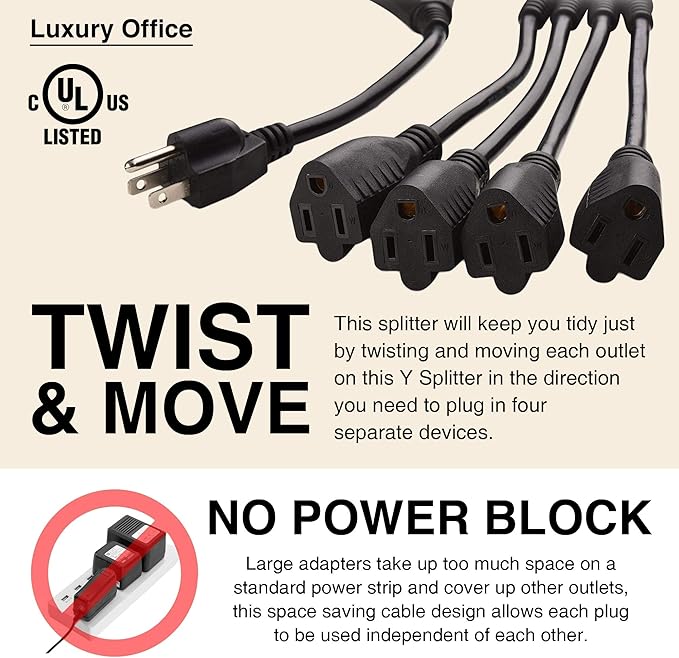 4 Way Power Splitter - 1 to 4 Extension Cord Splitter, 6' Long Extension Cord, Outlet Splitter 3 Prong, Power Strip Outlet Plug, Y Style Extension Cord, Black, SJT 16 AWG by Luxury Office