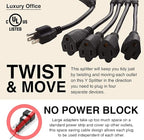 Luxury Office 4 Way Power Splitter - 1 to 4 Outlet Splitter, 6' Long Extension Cord, 3 Prong Plug, Black, SJT 16 AWG