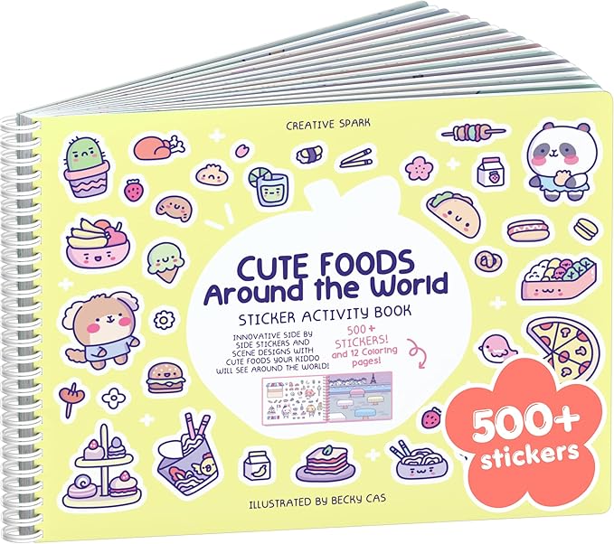 Cute Foods Around The World 500+ Sticker Book for Girls by Cupkin Toddler Airplane Activity Coloring + Sticker Book, Road Trip Essentials, 12 Coloring Pages + Scenes for Ages 2–8 Years