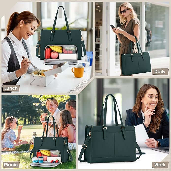 Laptop Bag for Women with Insulated Lunch Compartment 15.6 Inch Pu Leather Work Tote Computer Briefcase Bag for Office