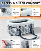 Center Console Dog Car Seat, Puppy Carseat for Small Dogs, Cat Car Seat with Metal Frame and Double Protection Seat Belts, Pet Booster Seat with Washable Cushion and Clip-on Leash Cute Zebra Print