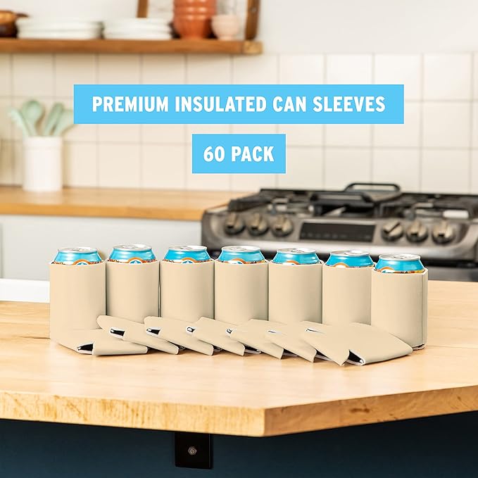 Blank Beer Can Cooler Sleeves (60-Pack) Soft Insulated Beer Can Coolies - HTV Friendly Blank Koolies in Bulk for Beer Cans & Bottles - Coolie Blanks for Vinyl Projects & Wedding Favors (Sand)