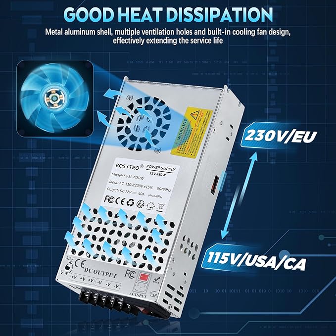 Upgraded 12V DC Power Supply 480W 40A 110v to 12v Converter Switching Power Supply for Led Strip, CCTV, 3D Printer, Motor Pump, Electronic Instruments, Lab Computer, Without Power Cord