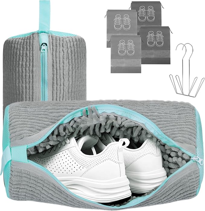 vorona Shoe Washing Machine Bag, 2PCS Reusable Shoe Bag for Washing Machine, 360° Deep Clean, Includes 4 Shoe Storage Dust Bags & 2 Drying Racks, XXL Laundry Shoe Bag for Sneakers Tennis Shoes, Grey