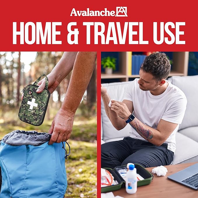 Avalanche 53 Pieces First Aid Kit, Compact Emergency Supplies Kit for Home, School, Car, Travel, Sports or Camping in Hard Shell Foam Case, Portable Mini First Aid Kit, Camo