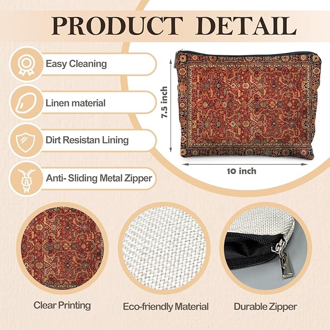 Vintage Boho Tribal Makeup Bag, Traditional Red Rug Style Makeup Bag, Vintage Retro Ethnic Pattern Cosmetic Bag Gifts for Women Friends