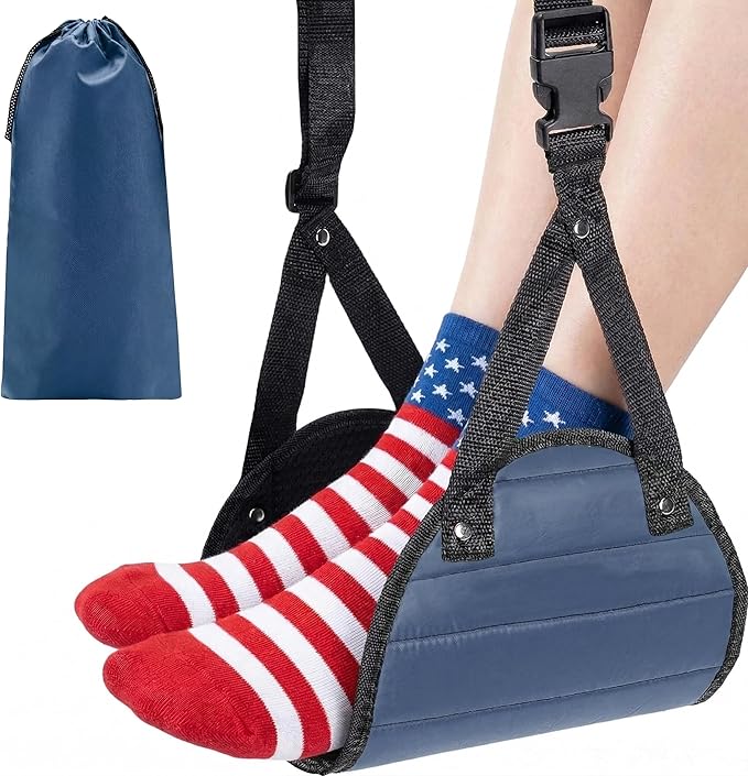 Airplane Footrest Hammock, Adjustable Foot Rest for Long Flights - Travel Must-Haves and Travel Essentials,Portable Airplane Gadgets for Flying Comfort(Navy Blue,1 Pack)
