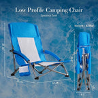 DUMOS Low Beach Chair for Adults, Lightweight Folding Beach Chair with Cup Holder, Storage Bag, Breeze Mesh Back, Padded Armrests, Compact Low Profile Chair for Camp, Picnic, Lawn, Sand
