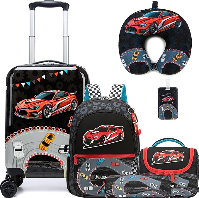 Kids Luggage Set 5 Piece 16'' Hardside Spinner Wheels Travel Suitcase Carry On Airline Approved Black Car