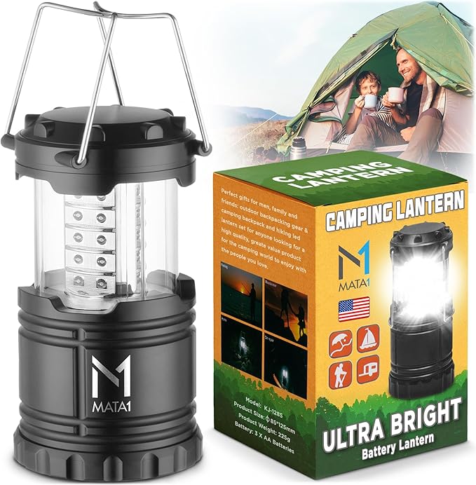 Mata1-USA LED Camping Lantern (Black), Emergency Light for Power Outages, Long-Lasting Battery-Powered Light w/ 3 Adjustable Brightness Levels, Collapsible Lamp for Indoor & Outdoor Use
