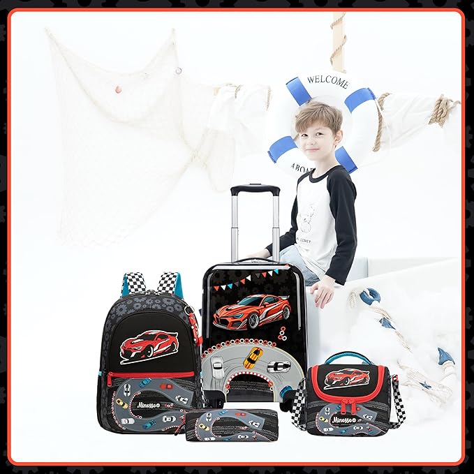 Kids Luggage Set 5 Piece 16'' Hardside Spinner Wheels Travel Suitcase Carry On Airline Approved Black Car