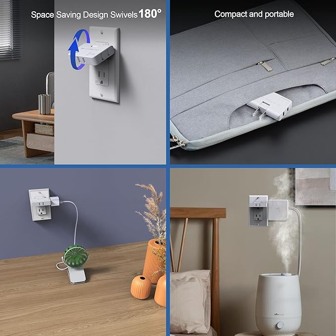 ETwinCoo 3 Way Flat Wall Outlet Extender Safe AC Adapter - 2-Prong Swivel Mini Indoor Wall Tap Plug, Outlet Splitter (Quick & Easy Install) Perfect for Home and Travel, Type A, White (3 Pack)
