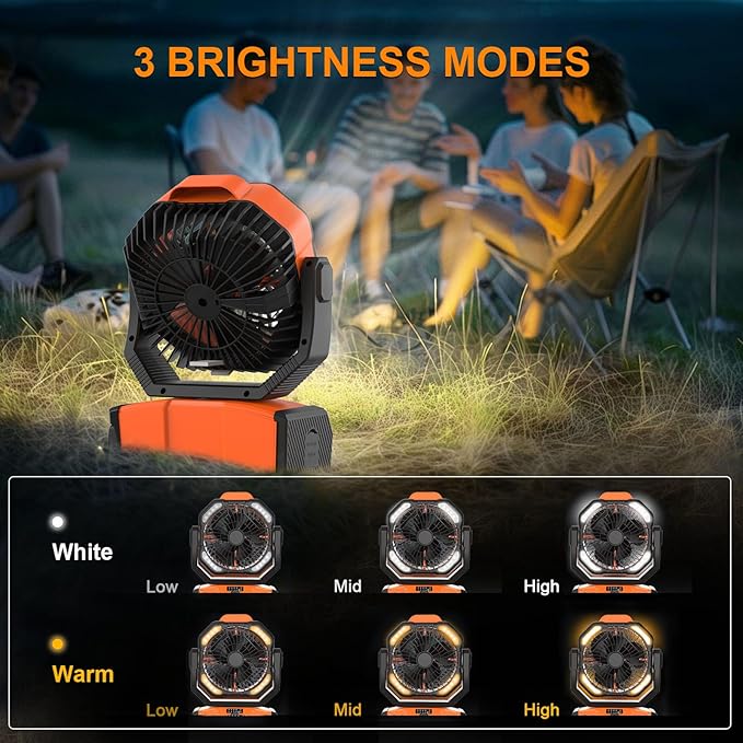 Portable Rechargeable Fan, 3-in-1 Camping Fan with 20000mAh Battery Powered, LED Lights, USB C, Remote Auto Oscillating for Indoor, Tent, Travel, Car, BBQ, Fishing, Camping Essentials